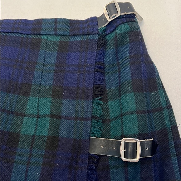 WOOL KILT TARTAN GLEN AVON GREEN & BLUE PLAID. PLEATED WRAP SKIRT - Picture 9 of 14